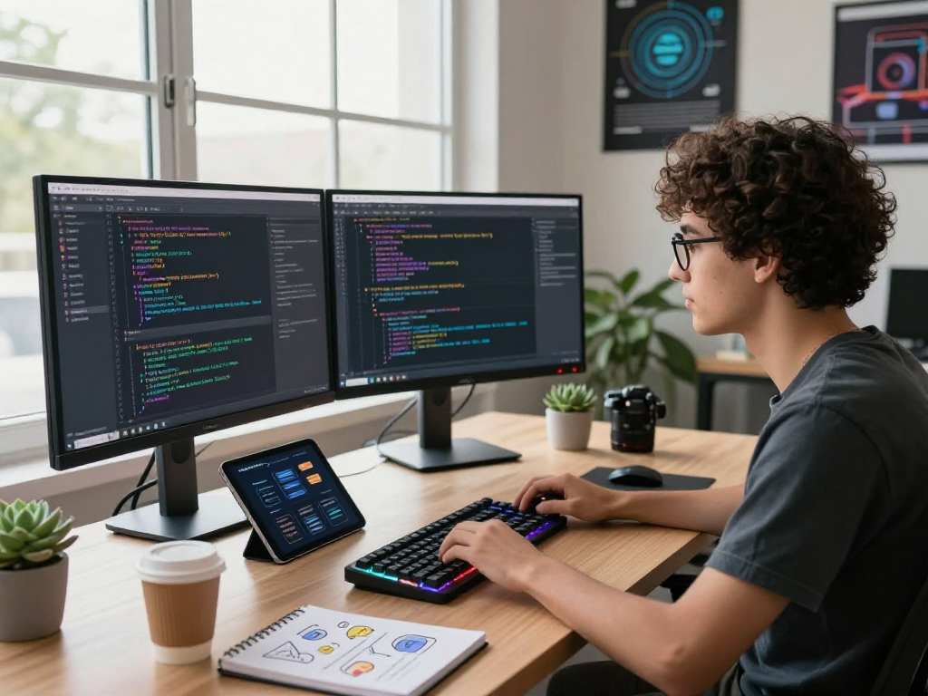 Youthful developer creating innovative hot chat ai solutions in a vibrant tech workspace.