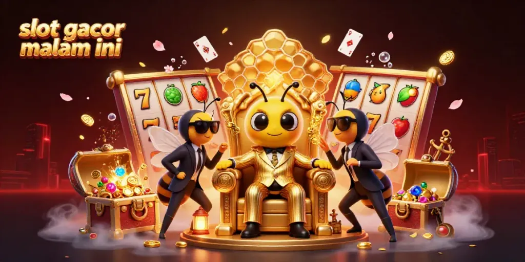 Engage with exhilarating slot gacor malam ini action, featuring a bumblebee mob boss and vibrant casino elements in a fantasy setting.