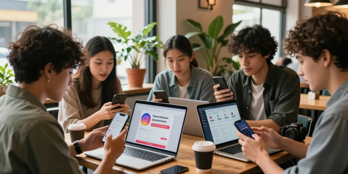 Group of young marketers discussing how to buy cheap Instagram likes now in a lively café atmosphere