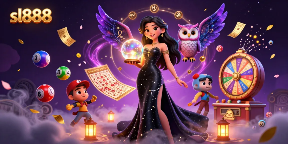 Capture the thrilling moment with sl888 as a woman holds a glowing crystal ball amidst a flurry of vibrant lottery elements.