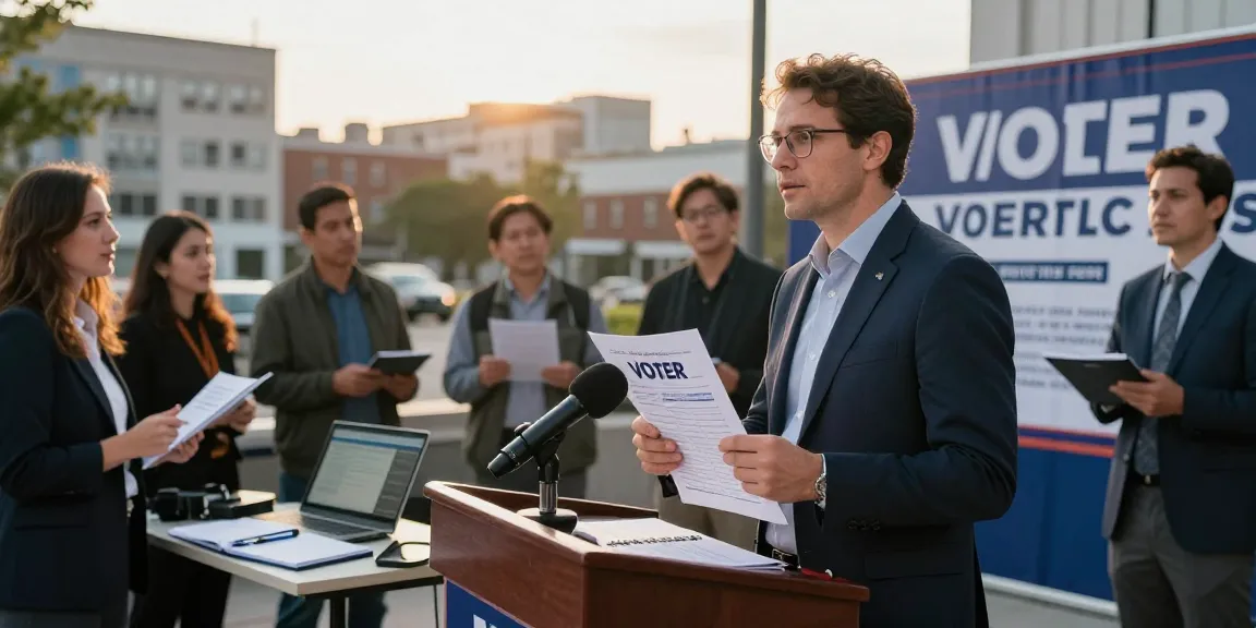 Candidate at podium preparing strategy with voter data files, focusing on AI search optimization for candidates.
