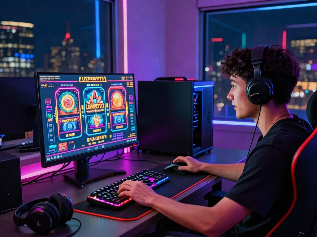 Pemain LUXURY111 Rtp yang antusias bermain slot online dengan aksesori gaming modern.