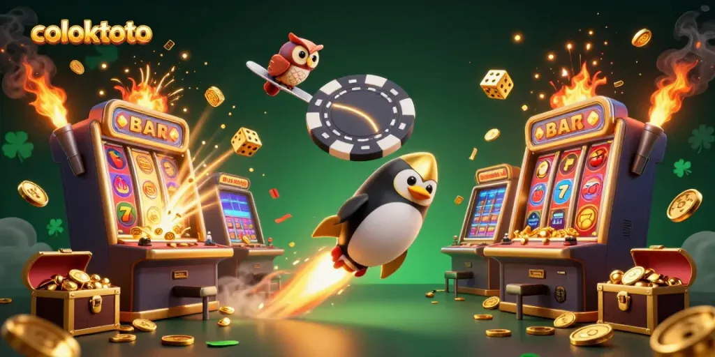 Coloktoto menghadirkan penguin emas meluncur menuju stasiun kasino dengan peti harta karun yang melimpah.