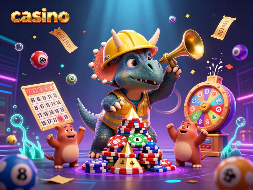Dynamic casino scene with a triceratops building chips and lottery elements celebrating wins.