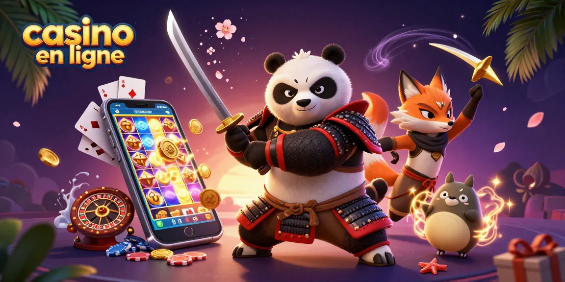 Jouez à des jeux de casino en ligne avec l'illustration dynamique d'un panda samouraï et un renard ninja.