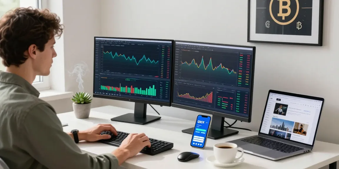Engaging workspace scene highlighting okx reviews in cryptocurrency trading environment