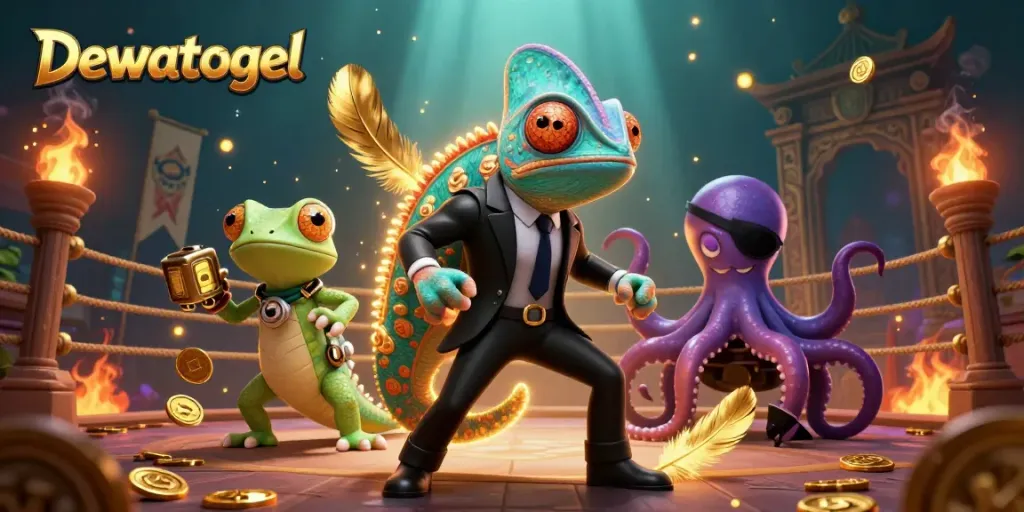 Dewatogel showcases thrilling casino action with a secret agent chameleon, high-tech gecko, and a villainous octopus amidst swirling gold and ember particles.