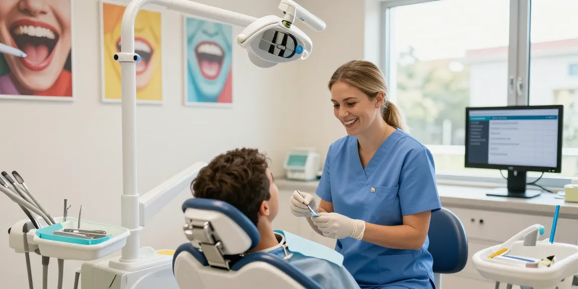 Smiling dental hygienist assists patient while showing the option to discover more here about local dentists.