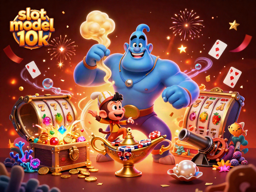Spin the slot modal 10k with vibrant visuals of a 3D genie and magical casino elements.