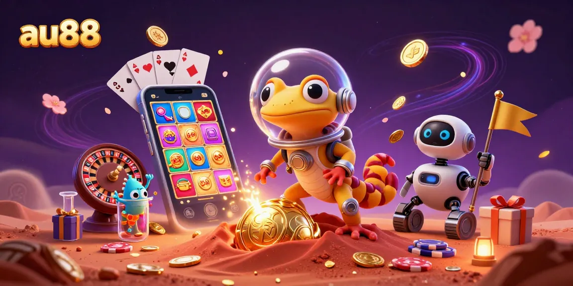 Join the adventure with au88 as a Martian gecko discovers a golden casino on Mars amid vibrant gameplay elements.