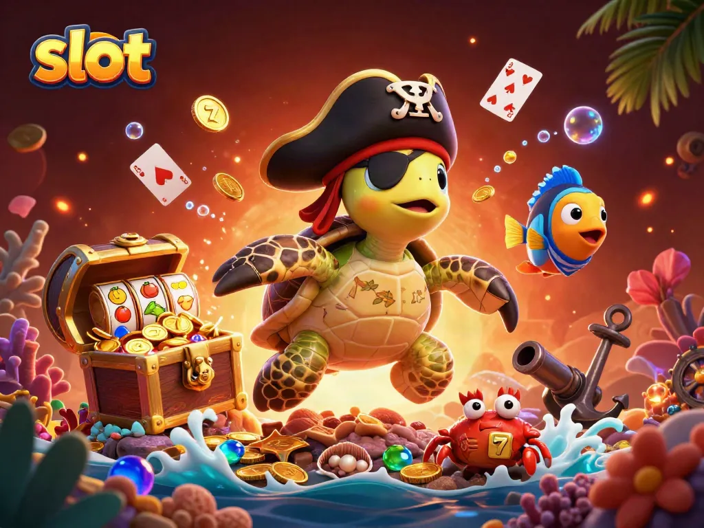 Menginjak slot dengan simbol buah dan jackpot, penyu bajak laut mencolok bersama kepiting emas dan ikan parrot.