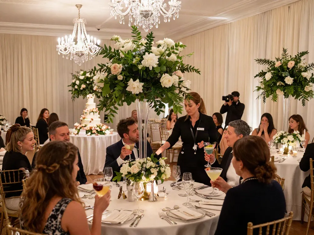 Event rentals for a luxurious wedding reception with décor and floral arrangements.