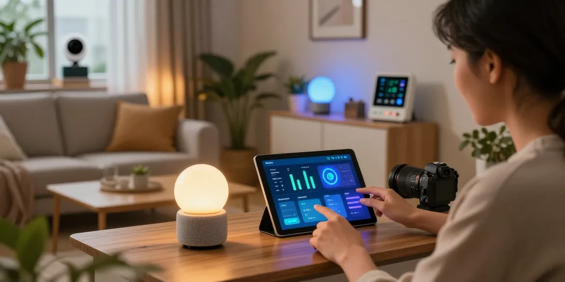 Interactive smart home scene showcasing What are IoT devices in action with smart speaker, tablet dashboard, and changing smart lights.