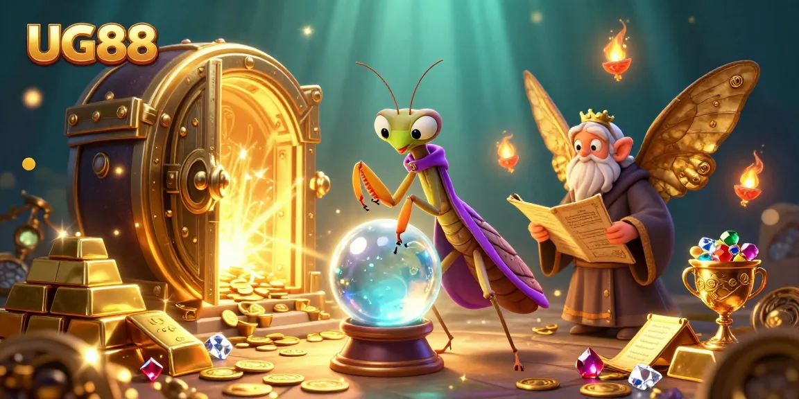 Experience the magic of UG88 with a fortune teller and treasures in a vibrant casino scene.