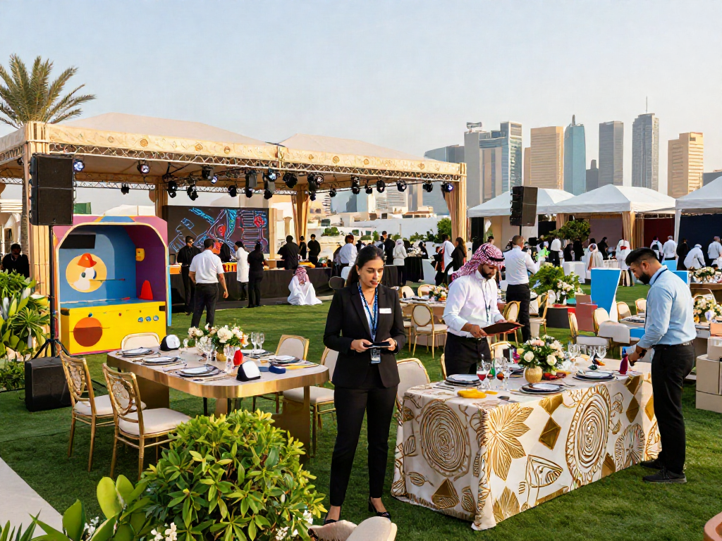 Event rentals showcasing a corporate event setup with marquee tents and luxury decor.