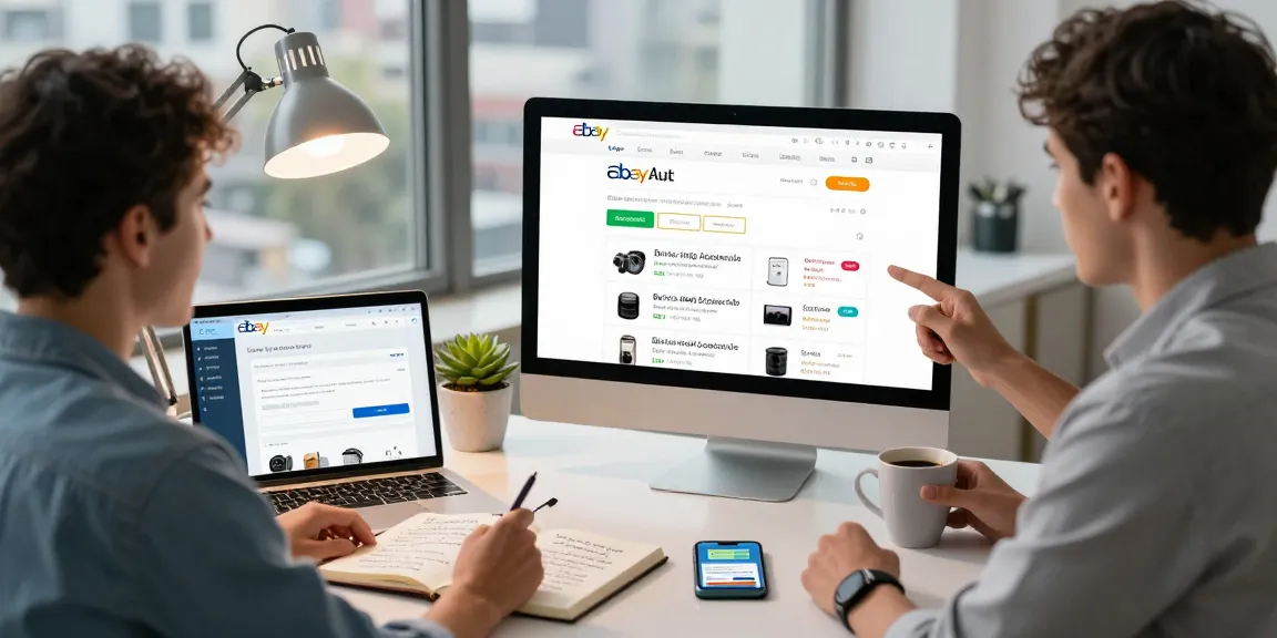 Buying eBay accounts made easy in a dynamic workspace, featuring a focused professional.