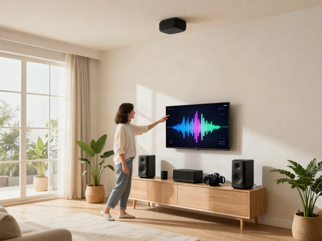Modern living room with a ceiling-mounted اسپیکر سقفی and a person adjusting audio settings on a tablet.