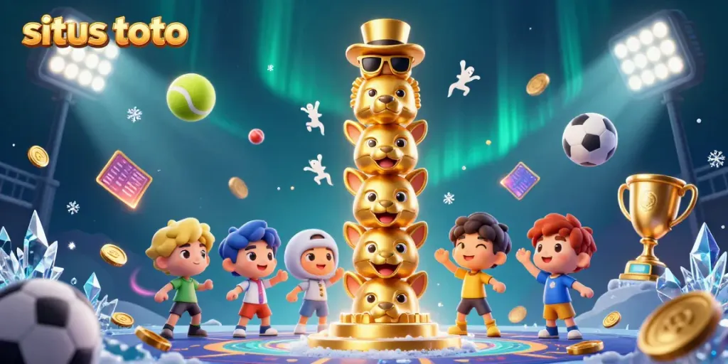 Engage with situs toto in a vibrant 3D casino-rich scene featuring dynamic sports gaming elements.