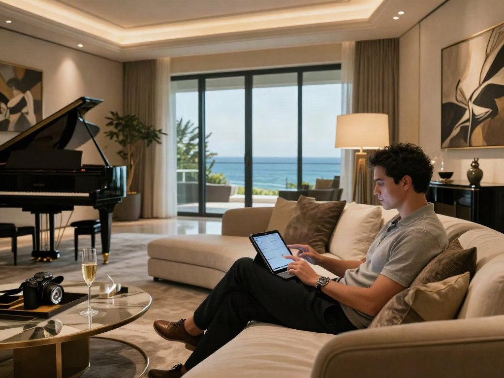 Pengalaman mewah luxury111 di ruang tamu modern dengan pemandangan laut yang menakjubkan.