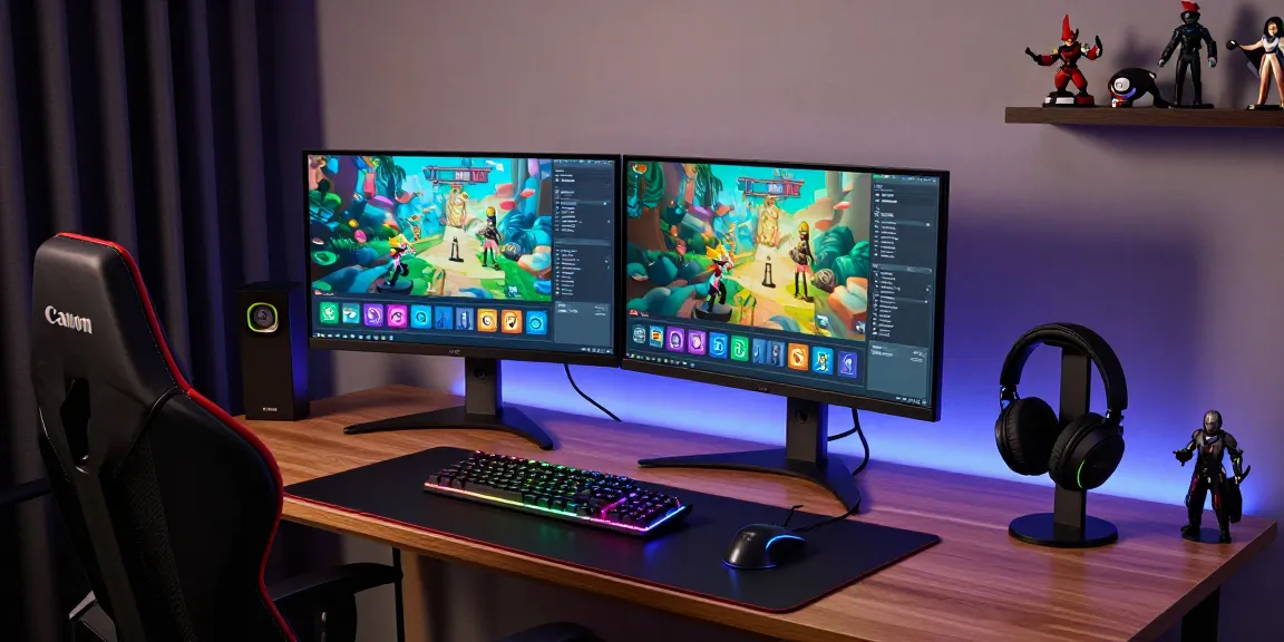 Vibrant gaming desk display setup with dual monitors and RGB lighting.