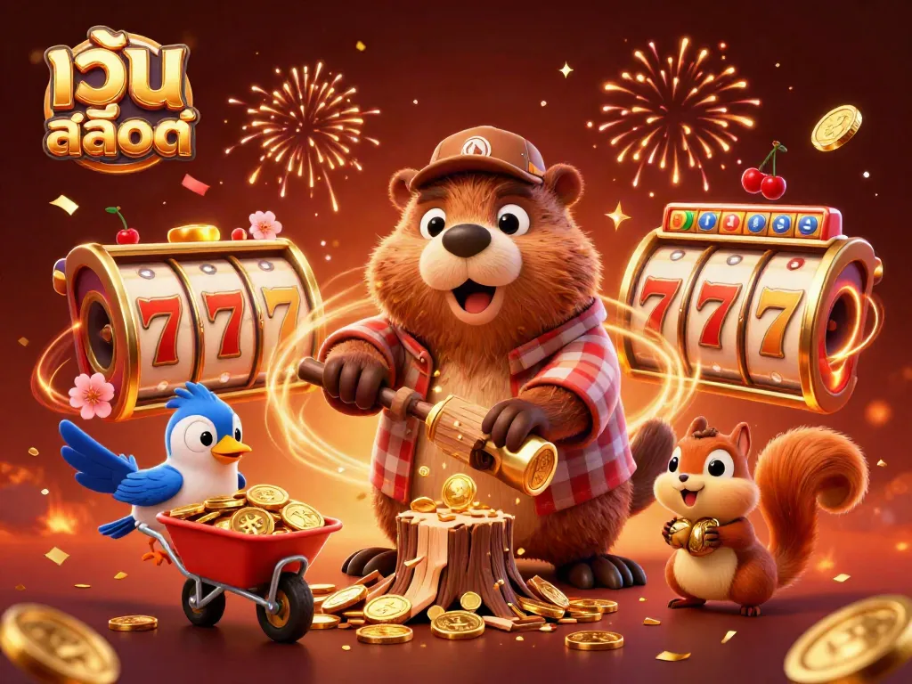 Watch the 3D cartoon lumberjack beaver collecting gold coins in this lively เว็บสล็อต scene.