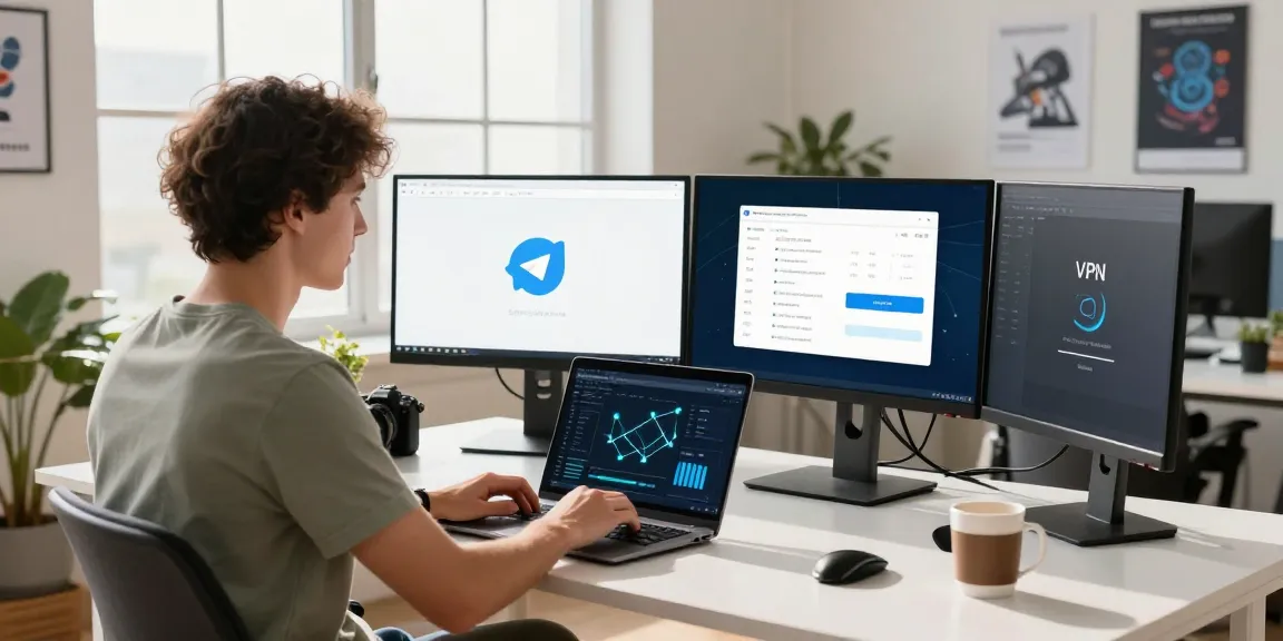 Telegram China not working? Tech workspace with VPN usage for connection.