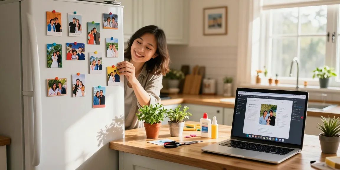Custom photo magnets showcasing cherished memories on a fridge.