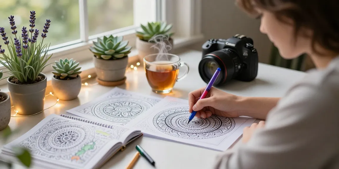 Coloring for stress relief in a cozy indoor scene with vibrant gel pens, plants, and tea, showcasing mindfulness and creativity.