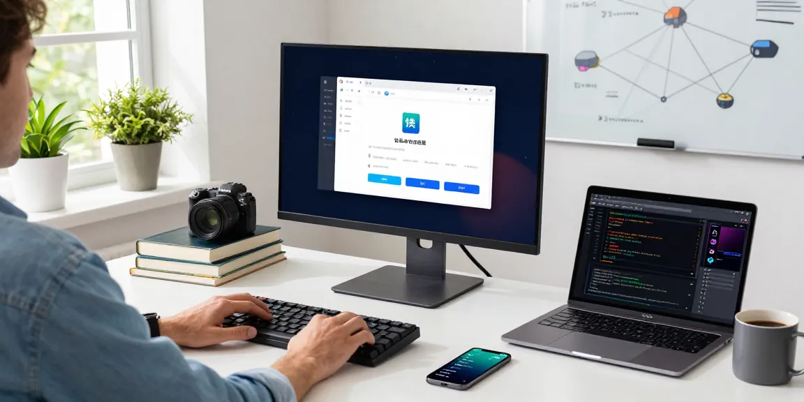 快连 application interface displayed on large monitor in a modern tech workspace, showcasing coding and productivity tools.