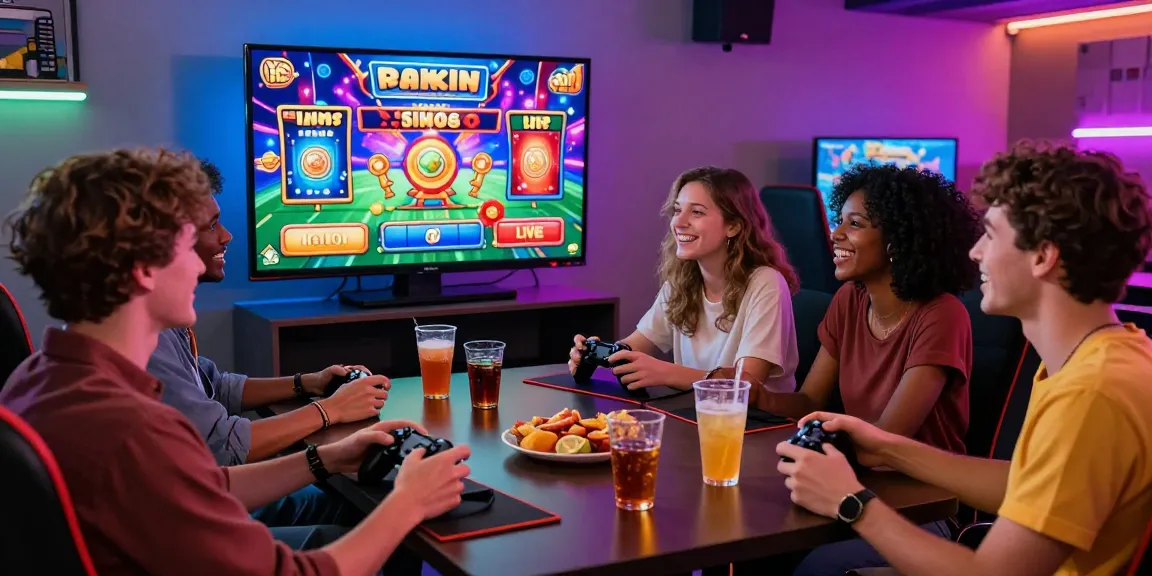 Situs Resmi Dominobet scene with friends enjoying online gaming and lively atmosphere.