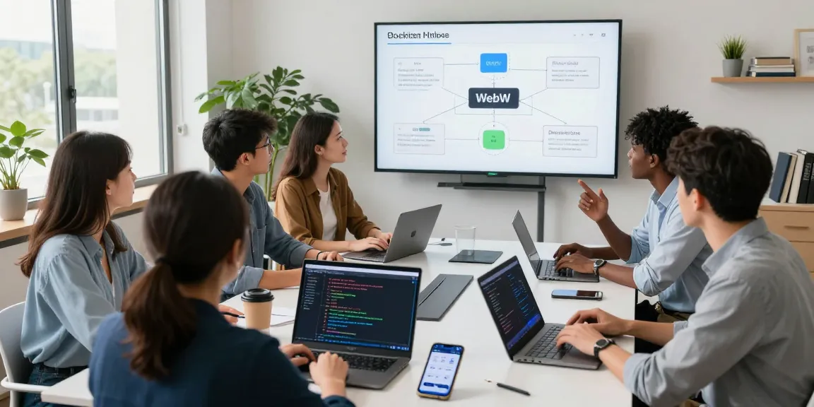 Web3 collaborative tech workspace with a team discussing decentralized applications and blockchain technology.