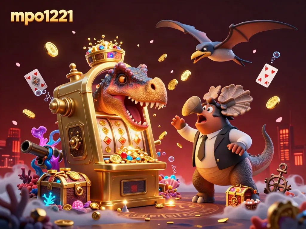 Witness mpo1221's pachycephalosaurus winning a jackpot at a golden slot machine amid an action-packed casino scene.