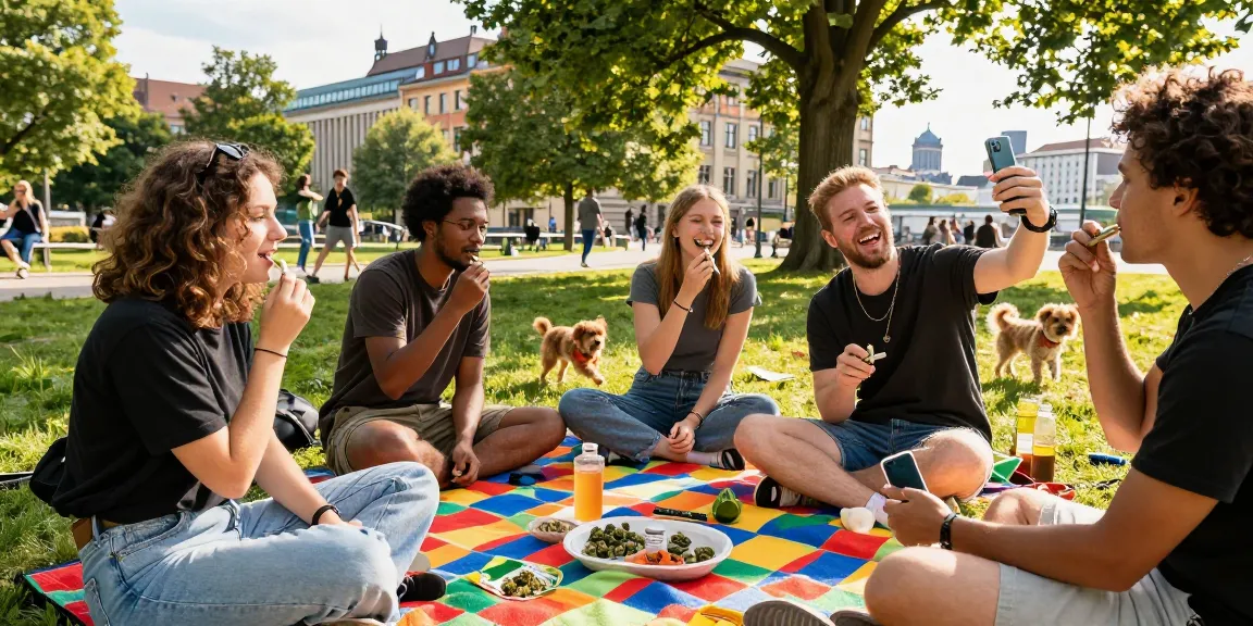 Is Weed Legal In Berlin? – Buying Weed In Berlin Guide scene showing friends enjoying cannabis products in a Berlin park.