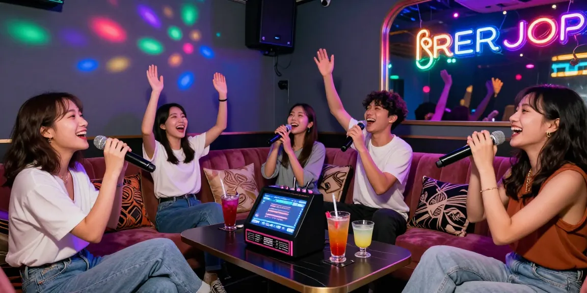 Karaoke experience in Gangnam with friends singing and celebrating at a vibrant bar.
