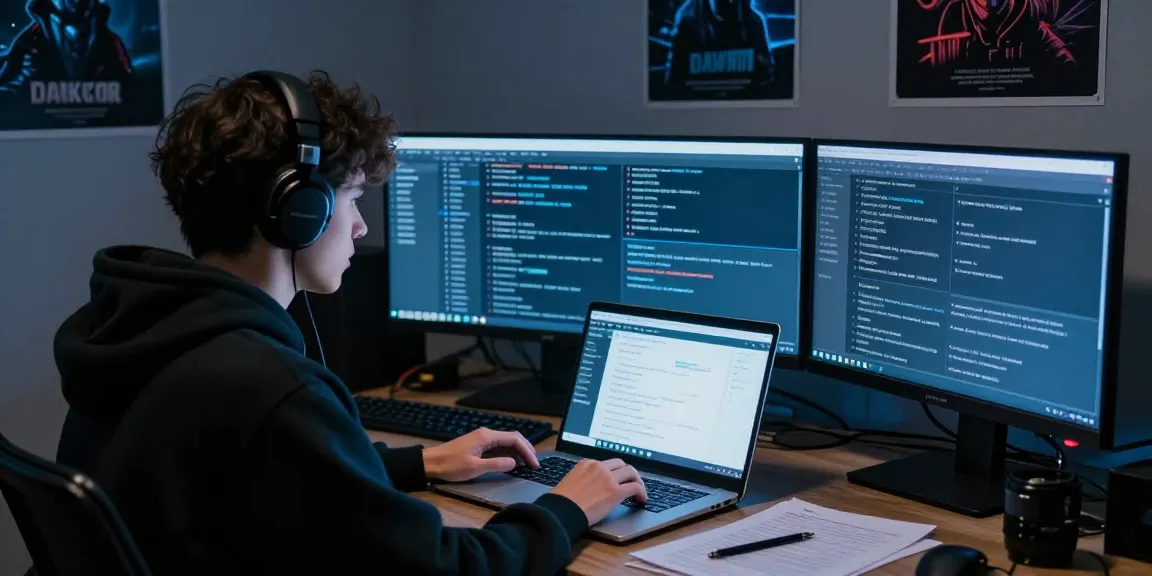 Focused individual exploring Best Darknet Markets 2026 on multiple screens, showcasing cryptocurrency interfaces and market data.