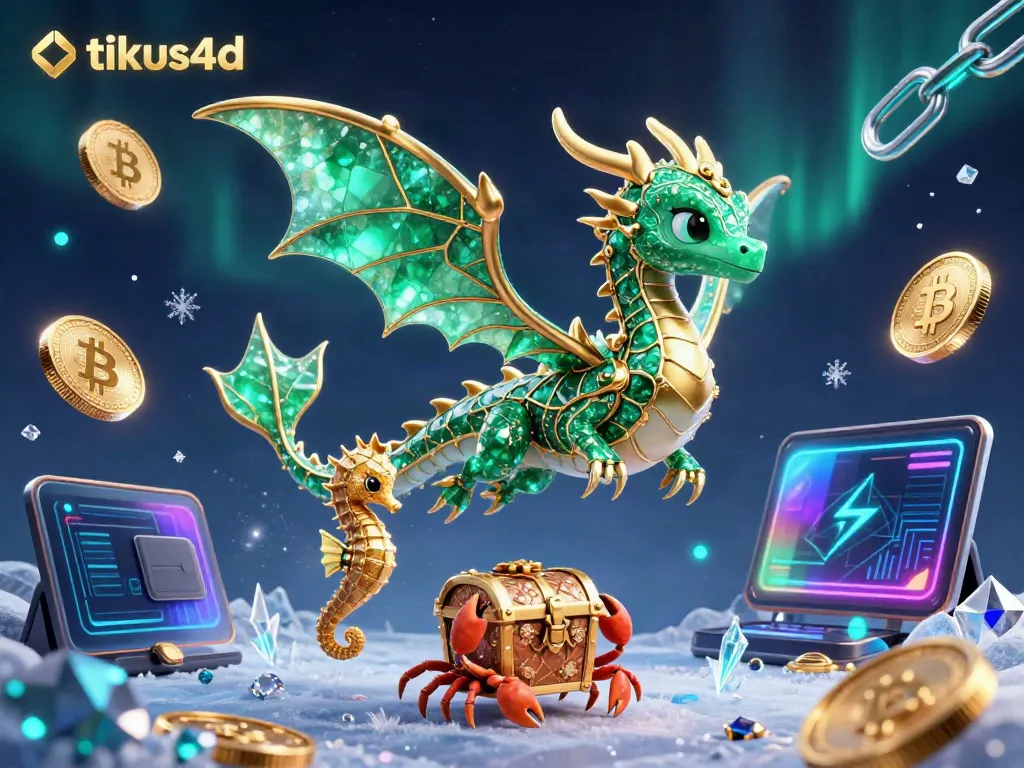 Experience the excitement of tikus4d with this vibrant illustration featuring a leafy sea dragon, shimmering coins, and dynamic gaming elements.