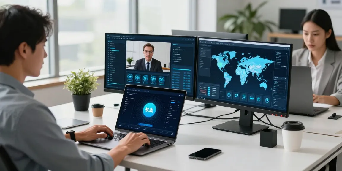 快连 user optimizing network performance in a bright tech office during a video call.
