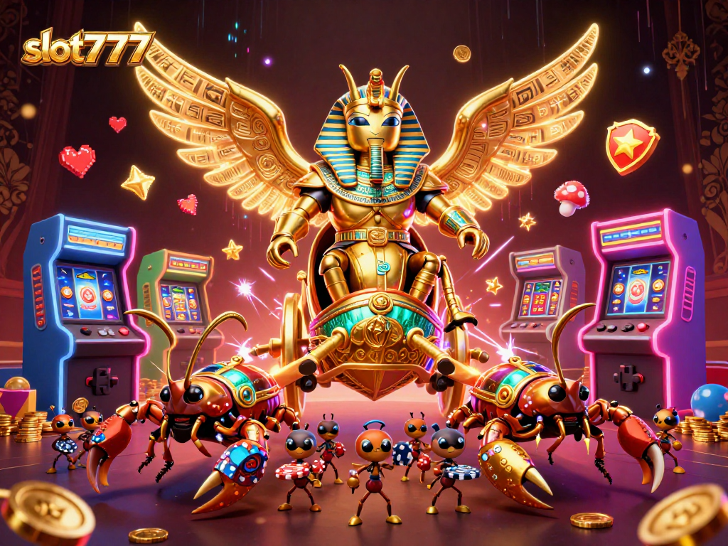 Experience exciting wins at slot777 with a dynamic 3D illustration of a golden scarab and casino elements