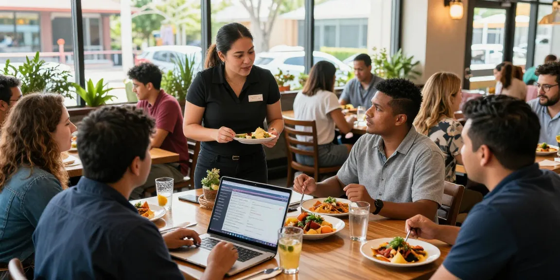 Orlando restaurant management FAQs in a vibrant eatery setting with a restaurant manager engaging with staff