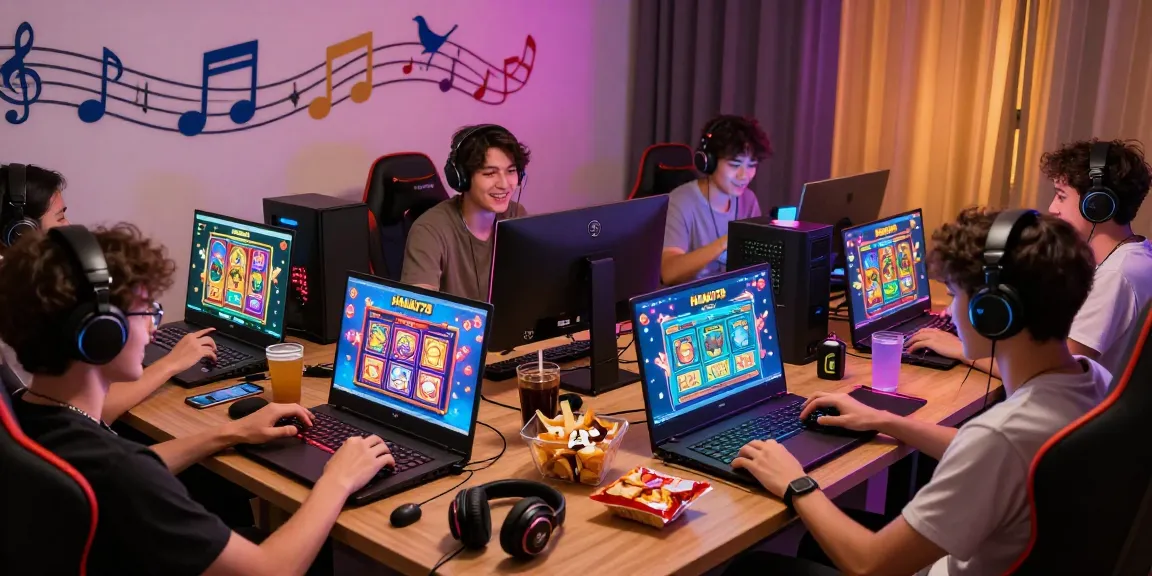 Engaging session at HAHA178 login featuring players enjoying vibrant slot games with musical notes and cheerful expressions, creating a lively gaming atmosphere.