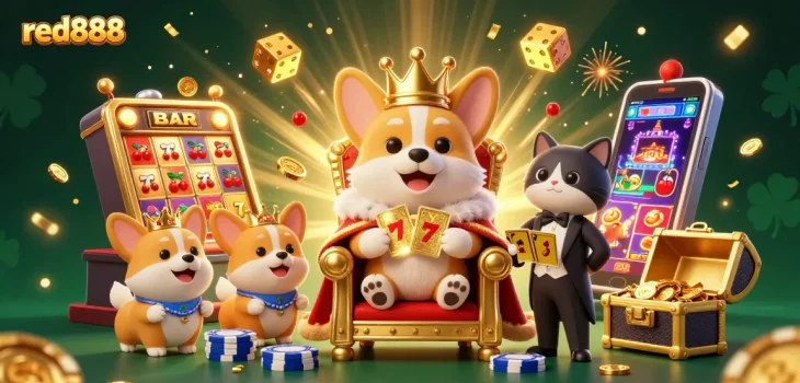 Experience thrilling gameplay at red888 with a vibrant corgi and cat butler in a jackpot scene.