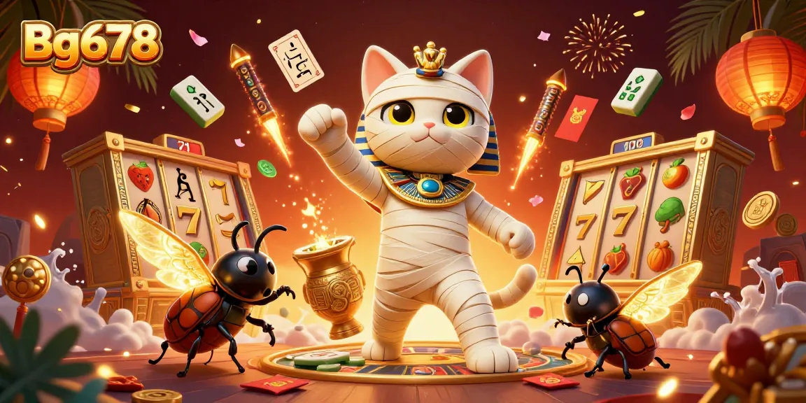 Engage in thrilling games with Bg678 featuring a mummy cat and golden elements in a vibrant casino scene.
