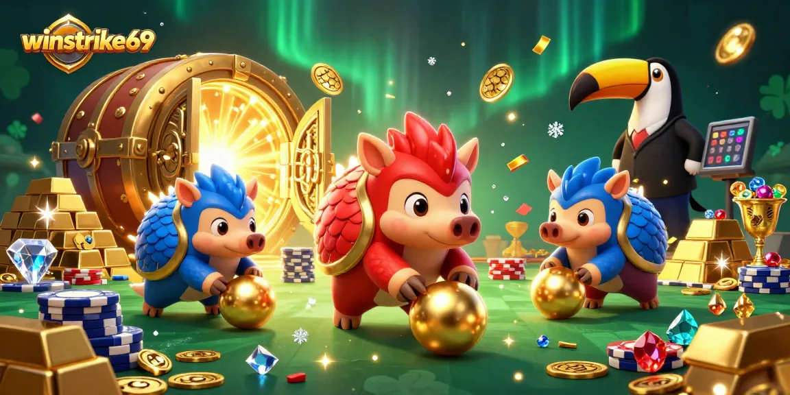 Experience the thrill with winstrike69 as rival pangolins compete in this vibrant casino scene.