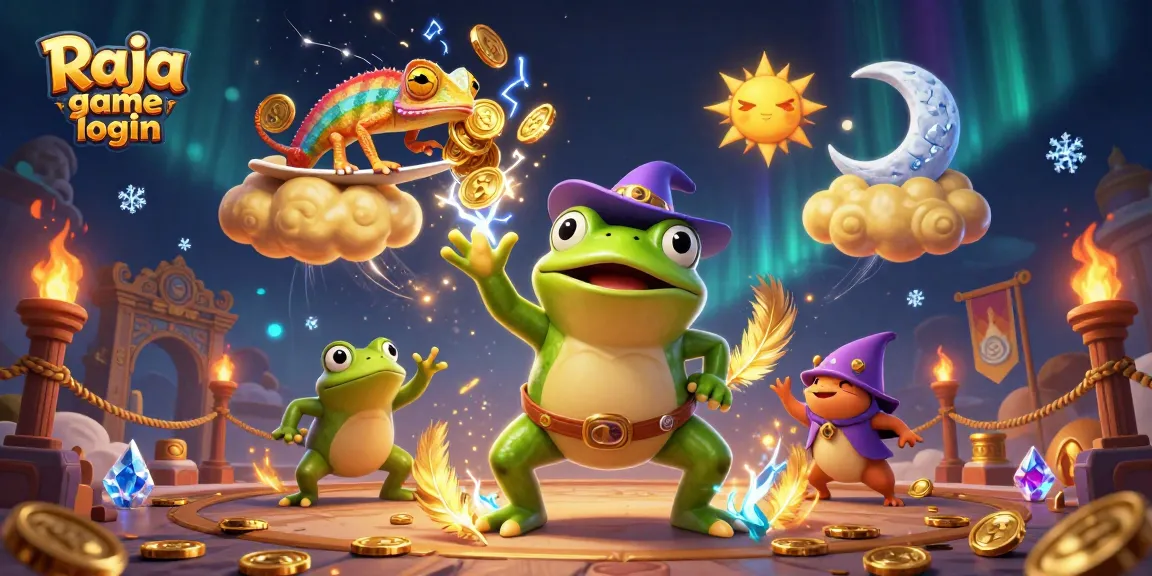 Join the fun with Raja game login while a wizard frog unleashes golden coins amid casino thrills.