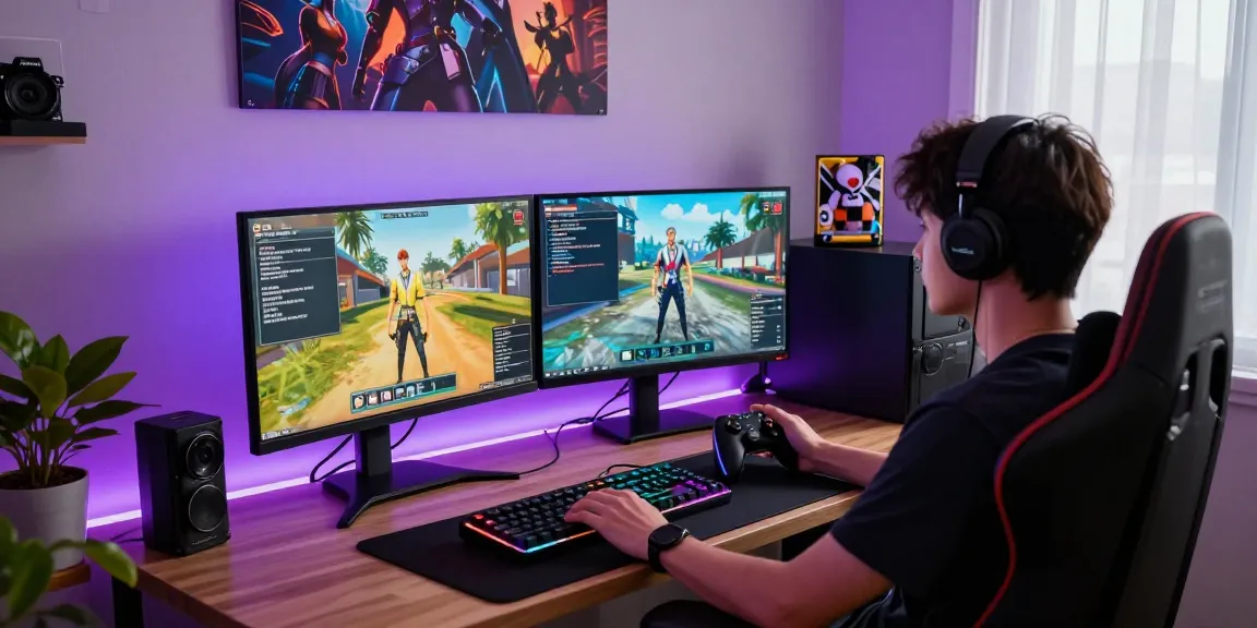 Gamer exploring FiveM Qbcore Scripts in a vibrant setup, dual monitors and game equipment.