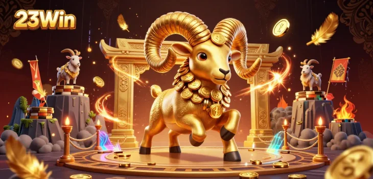 Experience the thrill of 23Win with golden ram charging through a spectacular gaming arena.
