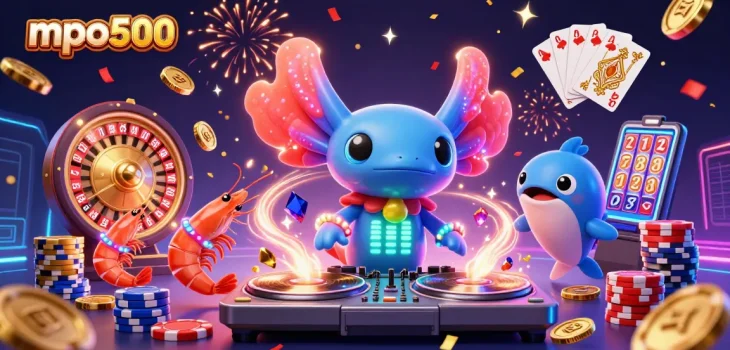 Experience the thrill of mpo500 with vibrant characters and casino elements in this dynamic illustration.