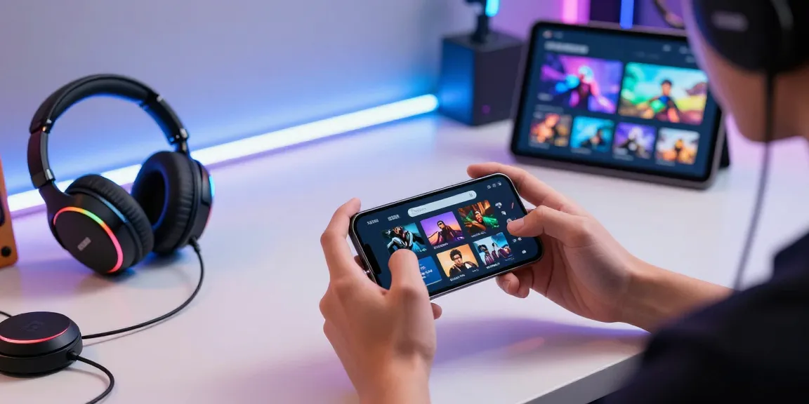Pengguna cipung138 sedang bermain game di smartphone dengan aksesori modern.