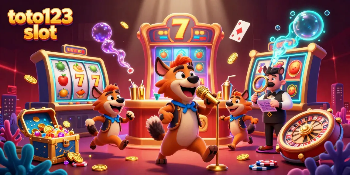 Toto123 slot powers lively casino scene with hyenas performing, mixing, and checking IDs among vibrant slot and gaming elements.