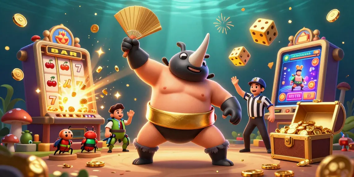 Experience thrilling gameplay with coloksgp as a rhinoceros beetle champion stomps for golden coins in a vibrant casino.
